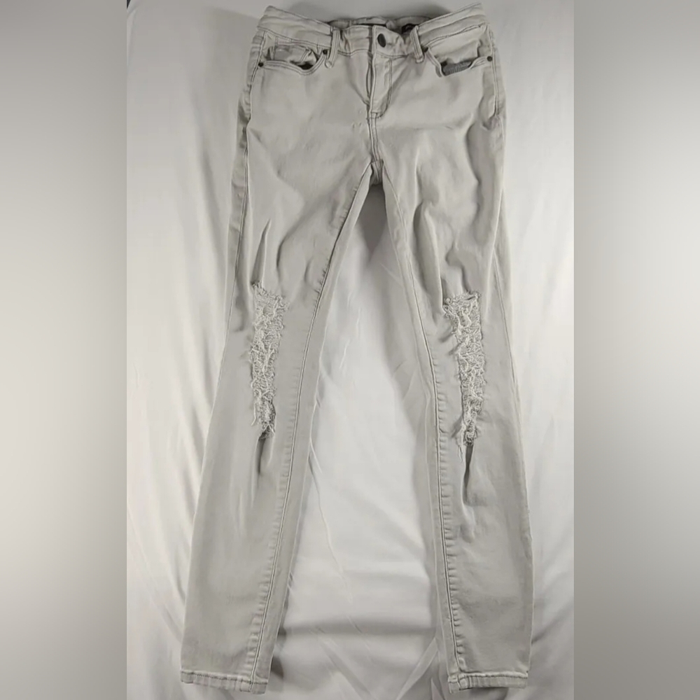 KIIND OF Women's Stretch Denim Grey Distressed jeans Pants Size 28 Sexy Skinny